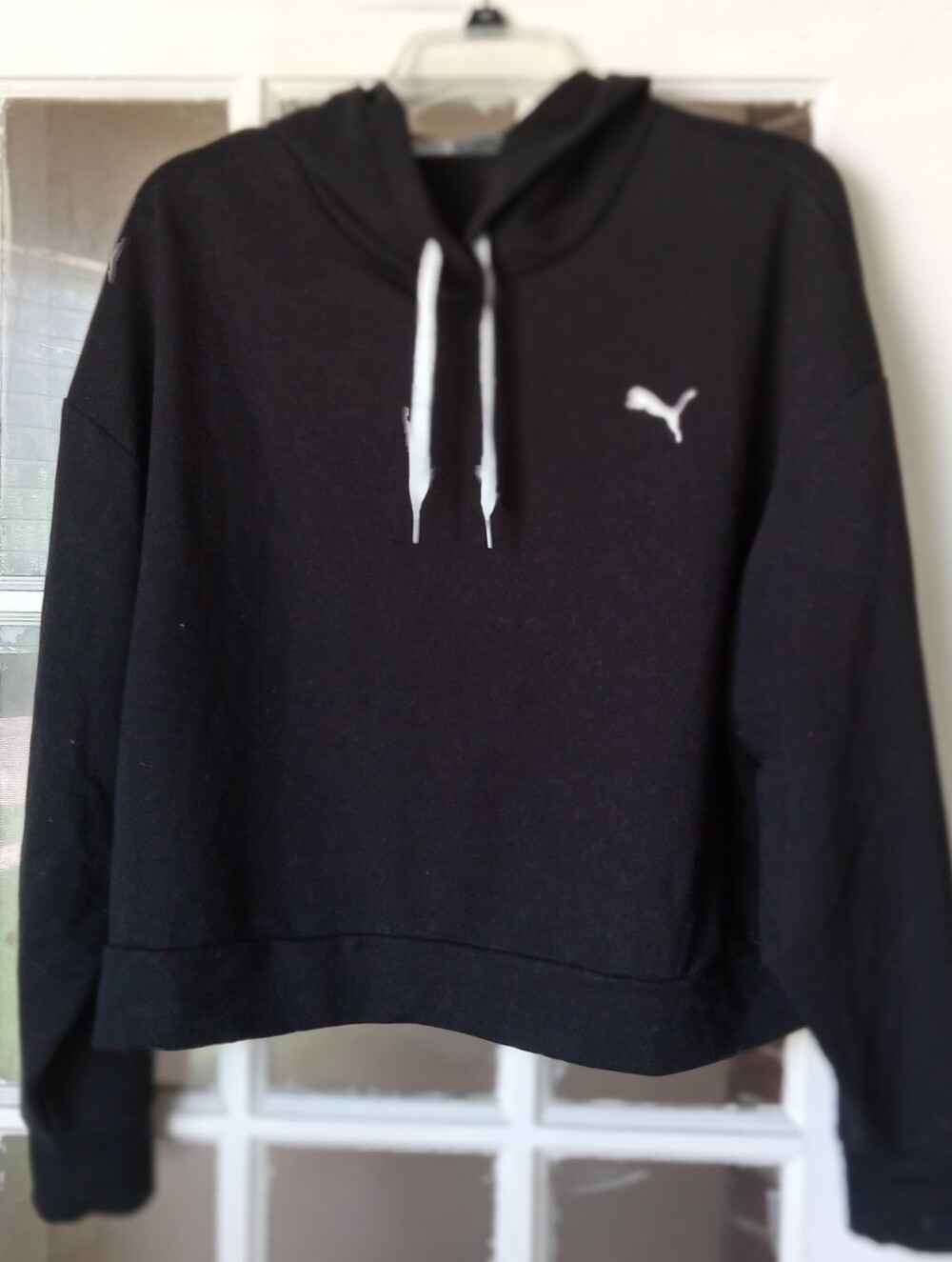 Puma Black Cropped Hoodie Sweatshirt White Logo Size L